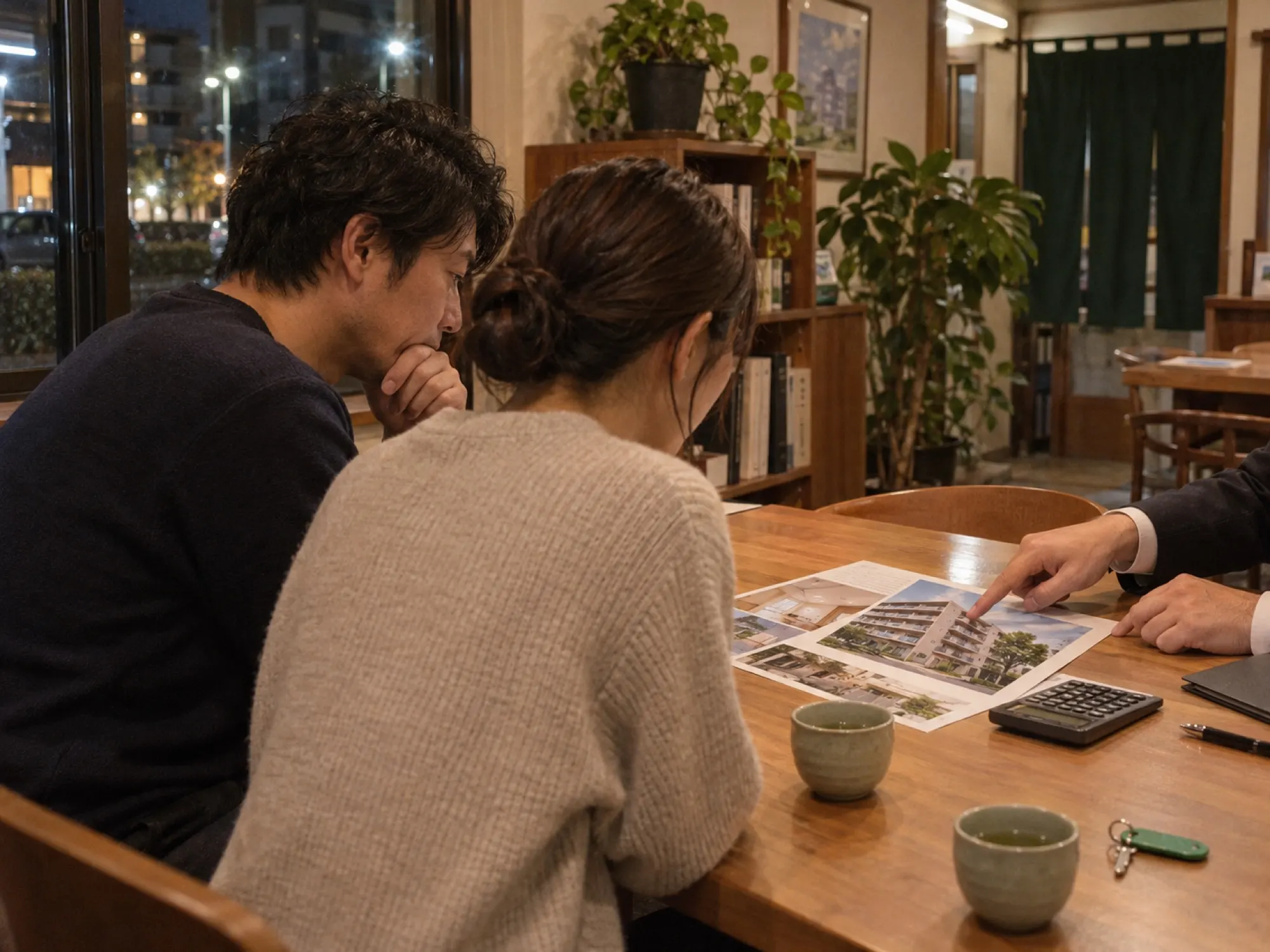 店の相談のテーブルで、担当者が夫婦に中古マンションの資料を見せている