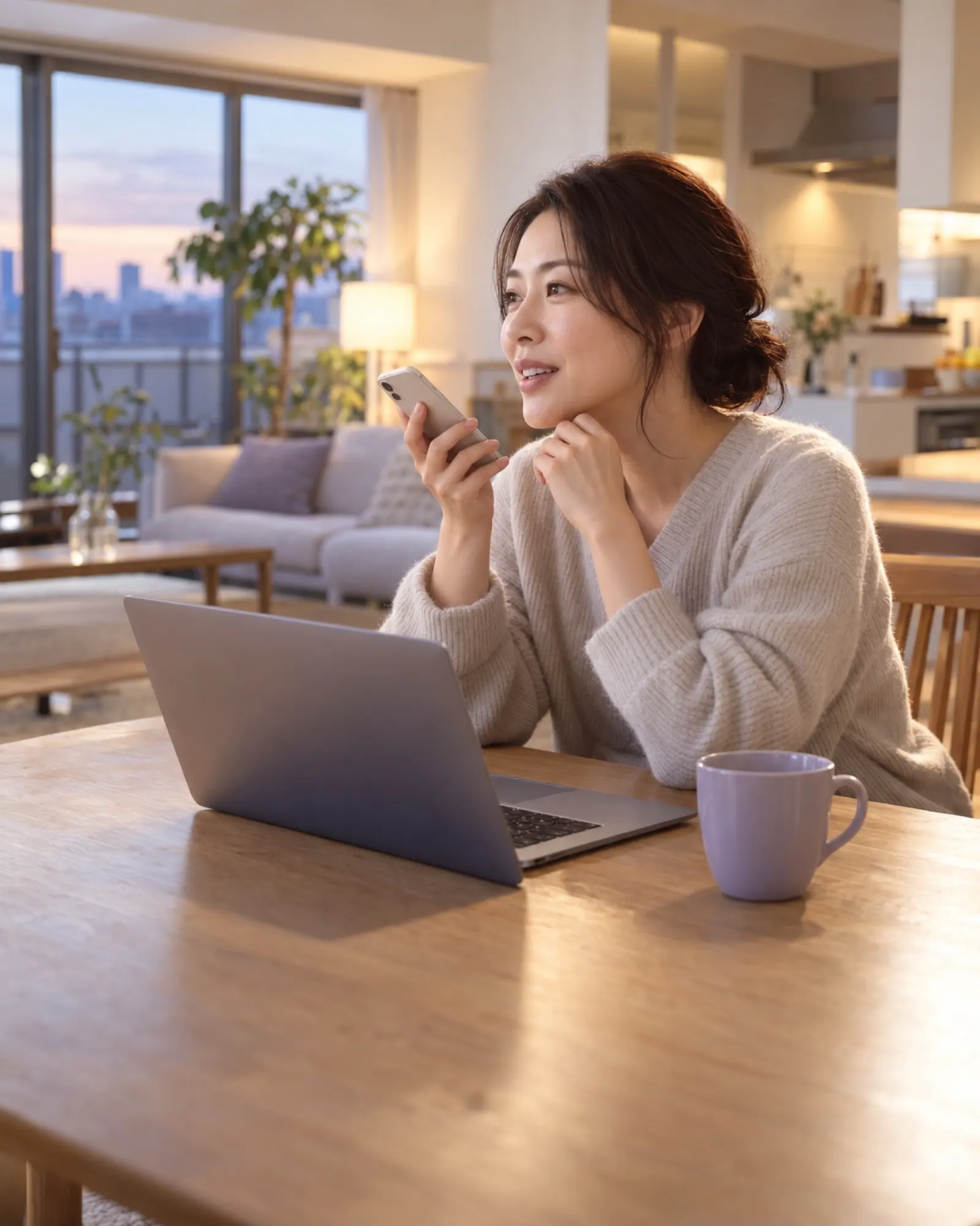 夕方、自宅のダイニングでノートパソコンを開き、スマホに小さく話しかけている人