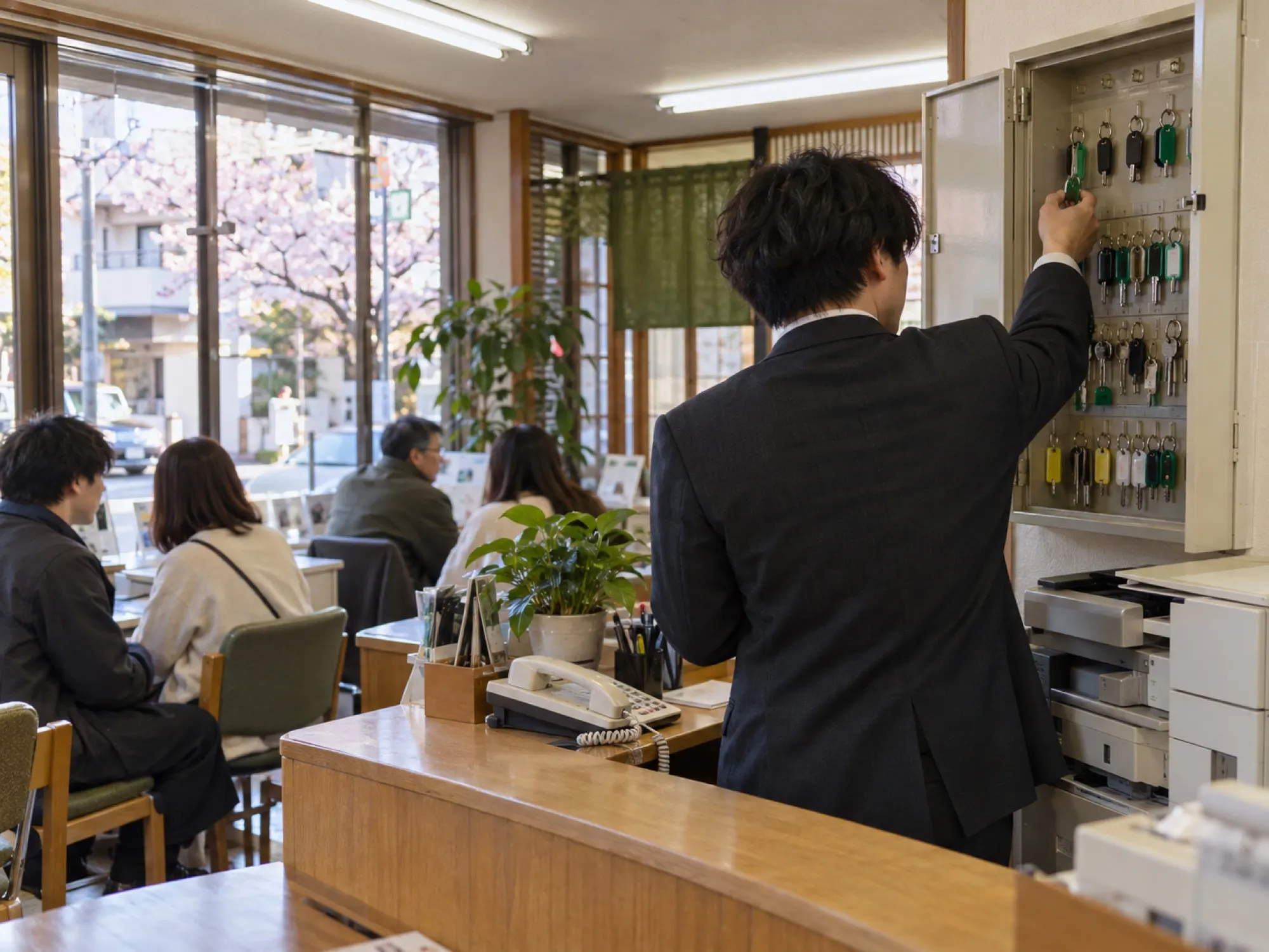 3 月の土曜、お客様が待つ店で、担当者が壁の鍵箱から車の鍵を取って案内に出ていく