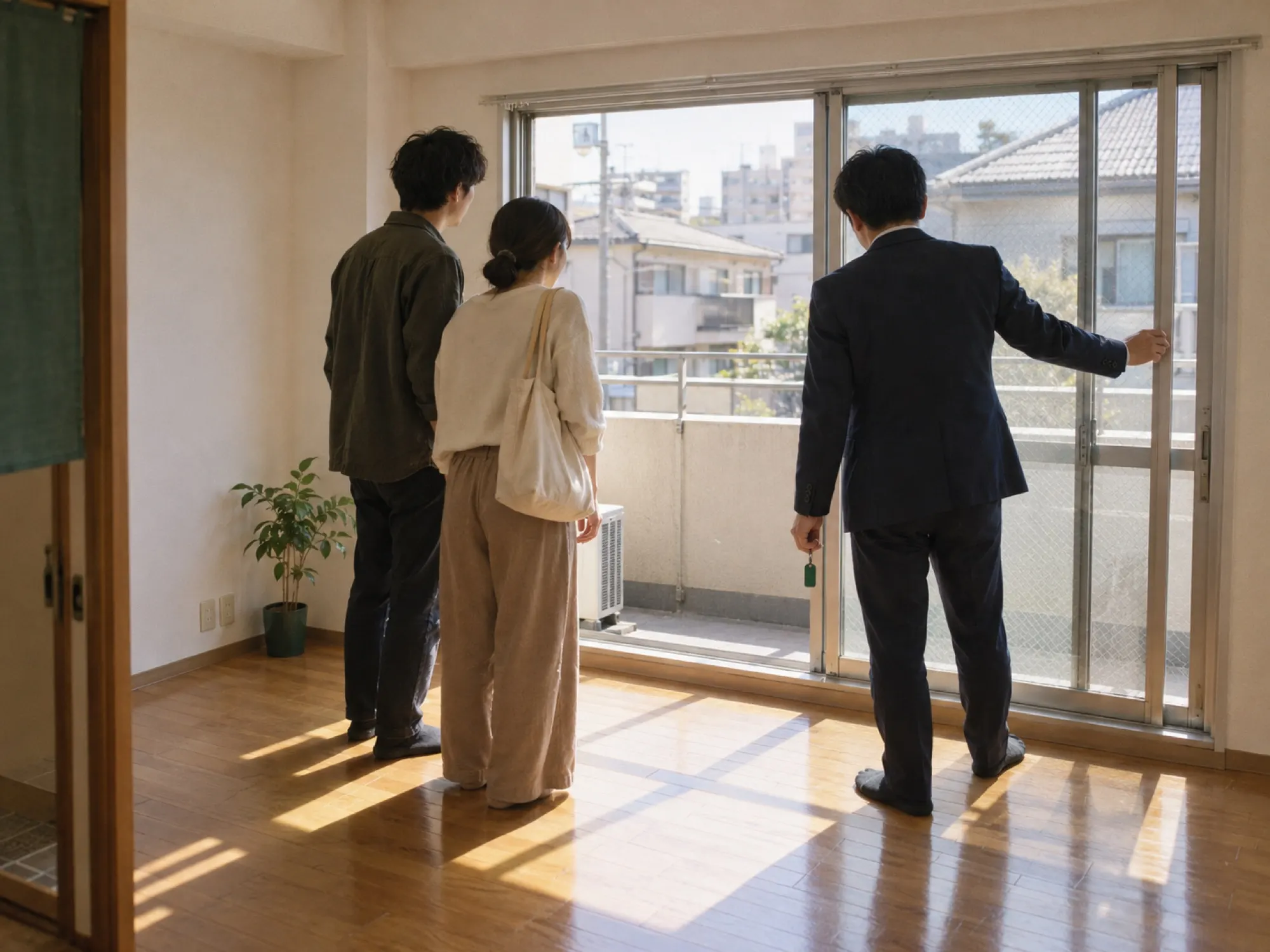 日曜の昼前、空室の部屋で担当者が窓を開け、お客様が外を見ている