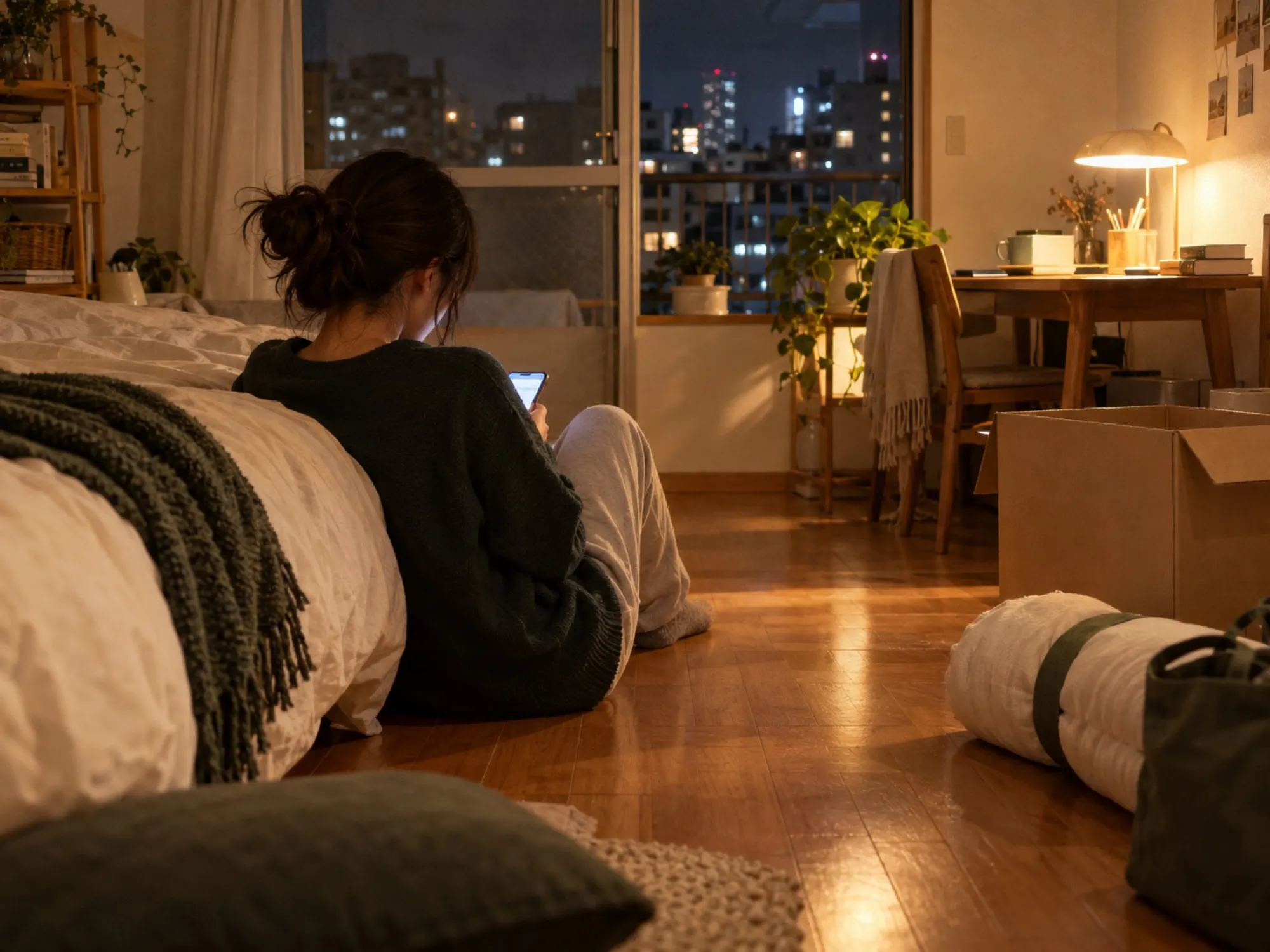 夜、引っ越しの段ボールのある部屋で、スマートフォンで部屋を探している人の後ろ姿